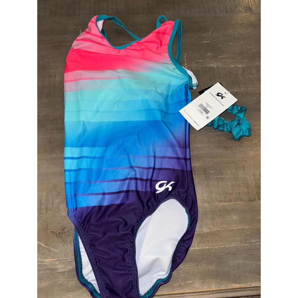 GK Elite Gymnastics Leotard Ombre Pink Purple Striped AXS with Scrunchie NWT